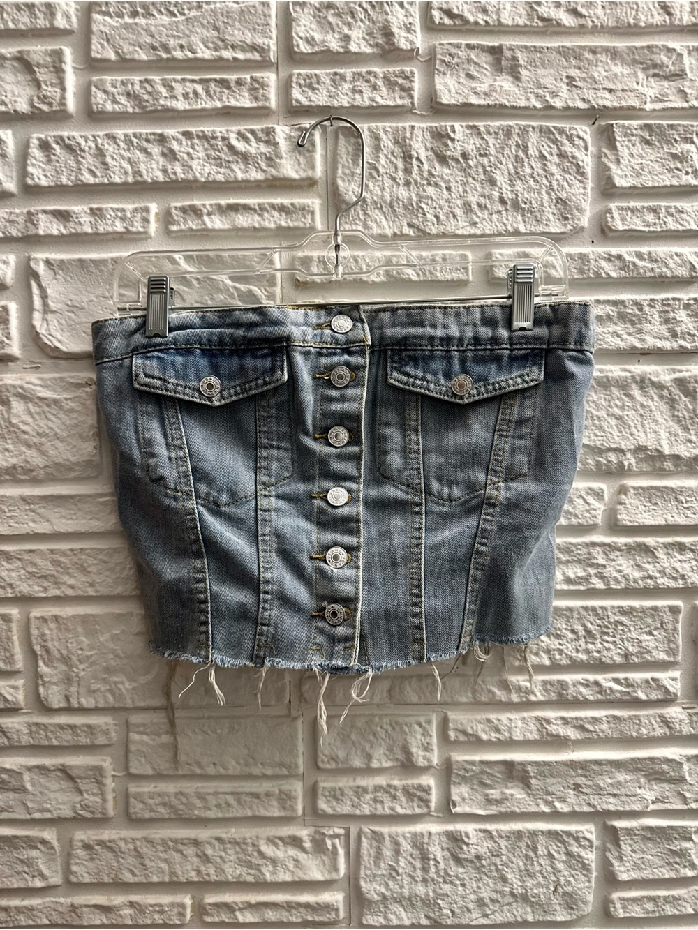 Light Blue Denim Button-Front Distressed Cropped Tube Top